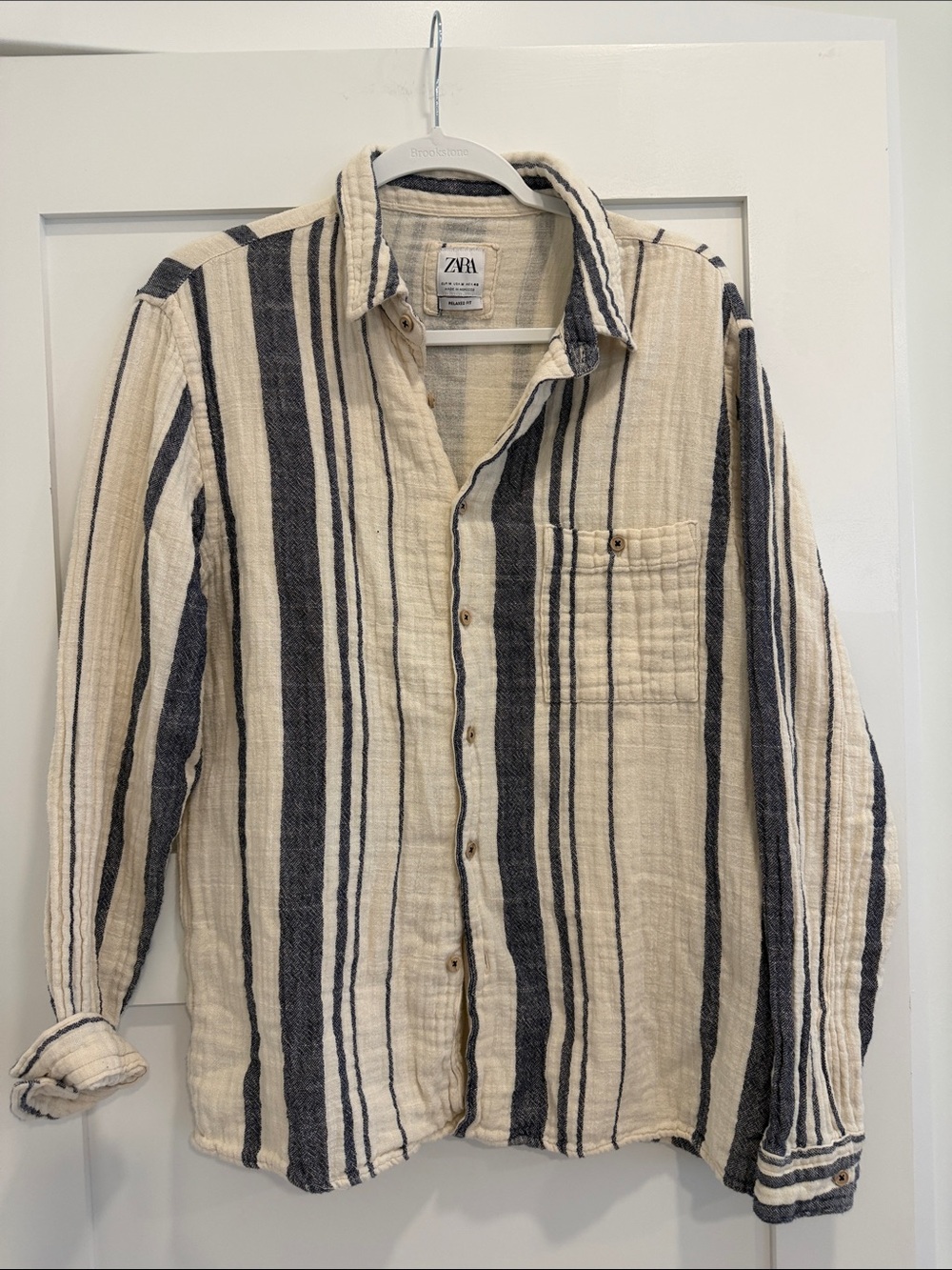 Zara Women’s Relaxed Fit Striped Textured Cotton Gauze Shirt Size M